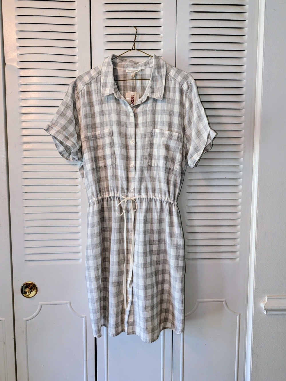 Light Gray Plaid Drawstring Shirt Dress - Women